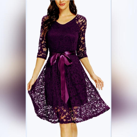Lace~Purple Floral A-line Formal Dress Sash Bow Belt NWOT - Picture 1 of 14